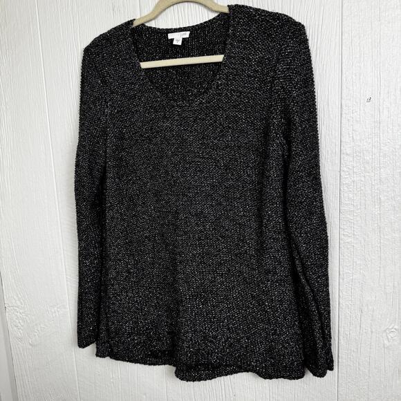 J. Jill Heavy Knit Black Metallic Long Sleeve Sweater Size Medium Cotton Blend - Picture 3 of 7